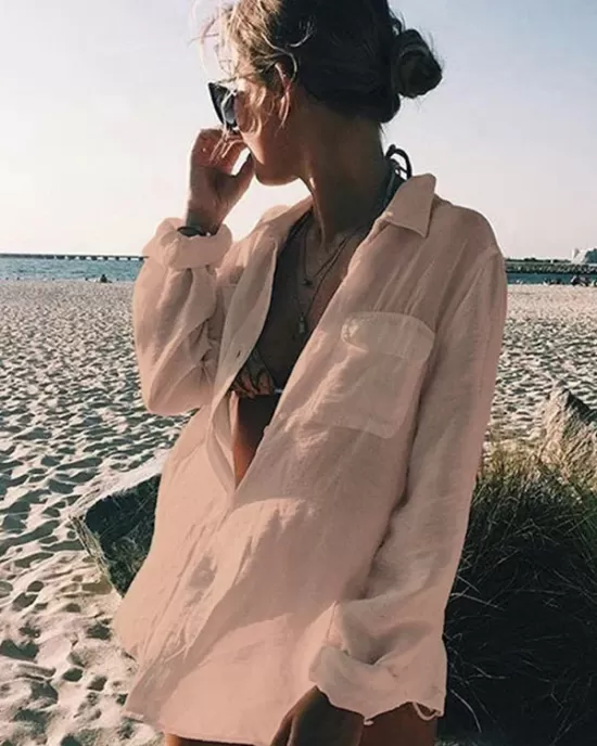 Simple Solid Color Button Long Sleeve Shirt-Style Cover-Up Swimwear