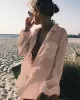 Simple Solid Color Button Long Sleeve Shirt-Style Cover-Up Swimwear