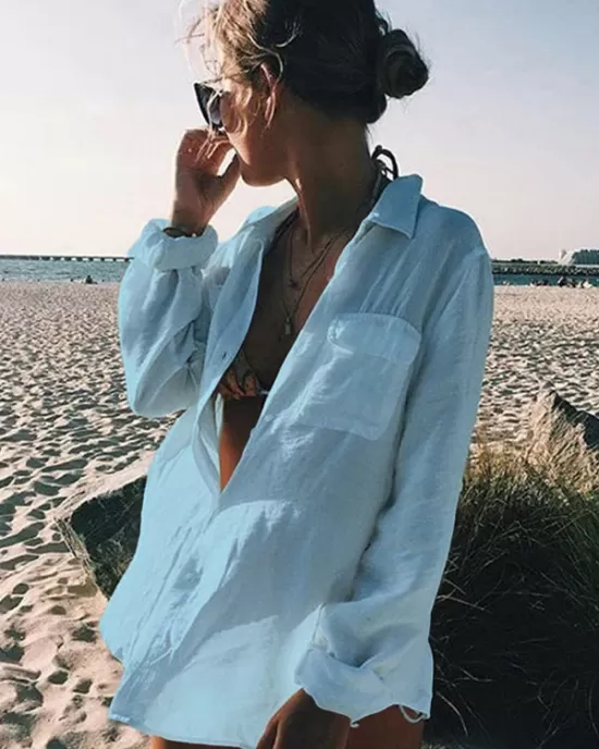 Simple Solid Color Button Long Sleeve Shirt-Style Cover-Up Swimwear