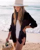 Simple Solid Color Button Long Sleeve Shirt-Style Cover-Up Swimwear