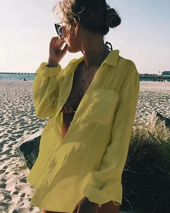 Simple Solid Color Button Long Sleeve Shirt-Style Cover-Up Swimwear