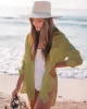 Simple Solid Color Button Long Sleeve Shirt-Style Cover-Up Swimwear