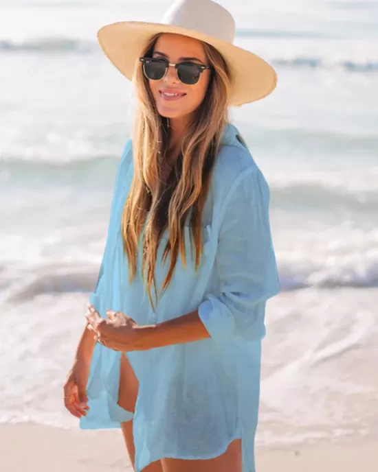 Simple Solid Color Button Long Sleeve Shirt-Style Cover-Up Swimwear