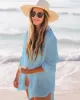 Simple Solid Color Button Long Sleeve Shirt-Style Cover-Up Swimwear