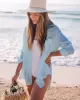 Simple Solid Color Button Long Sleeve Shirt-Style Cover-Up Swimwear