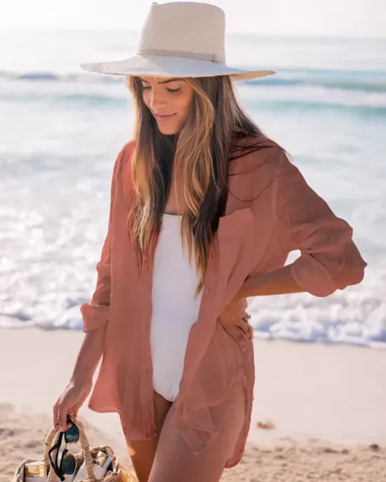 Simple Solid Color Button Long Sleeve Shirt-Style Cover-Up Swimwear