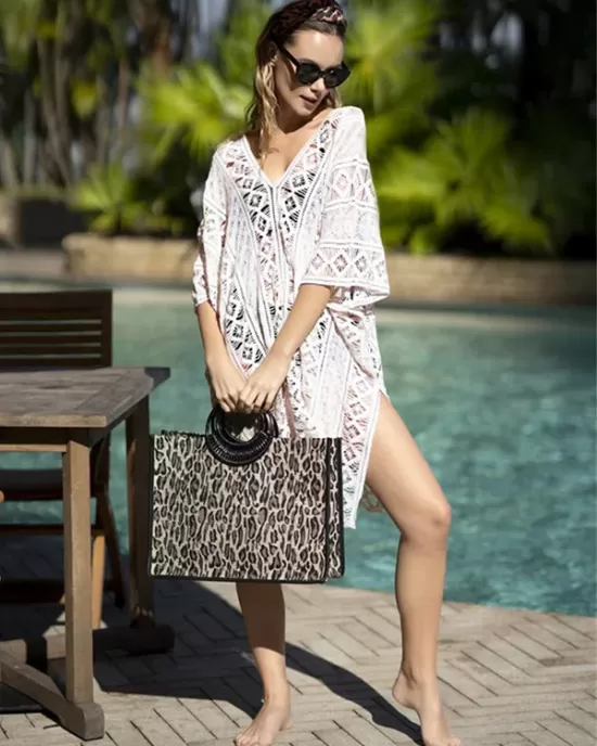 V-Neck Crochetgo Sexy Hollow Vacation Cover-Up Swimwear