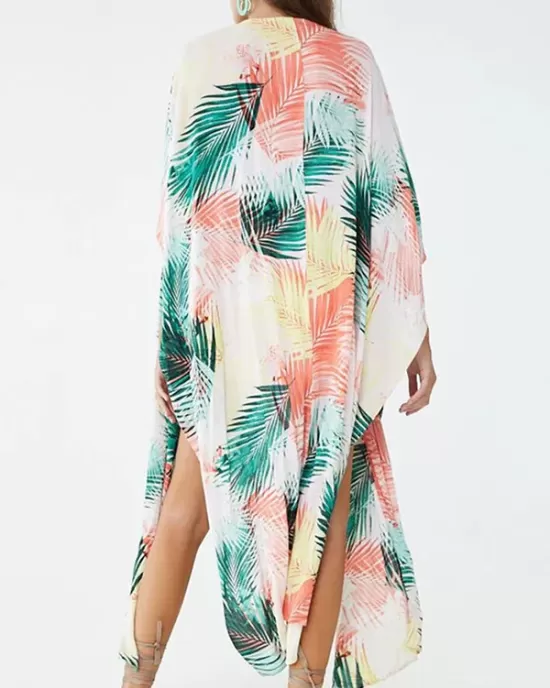 Colorful Leaf Printing Cardigan Loose Vacation Beach Cover-Up Swimwear