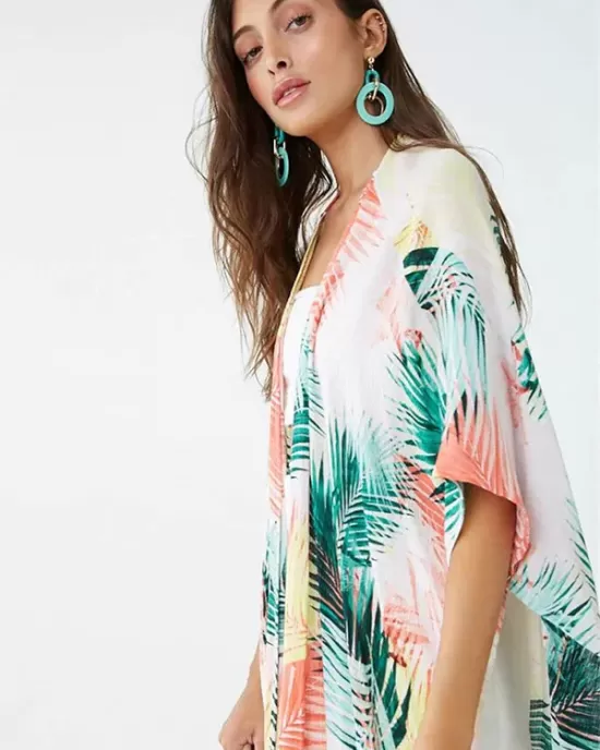 Colorful Leaf Printing Cardigan Loose Vacation Beach Cover-Up Swimwear