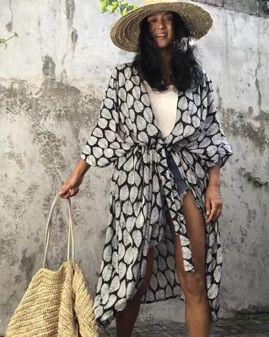 Leaves Printed Cardigan Half-Sleeves Cover-Up Swimwear