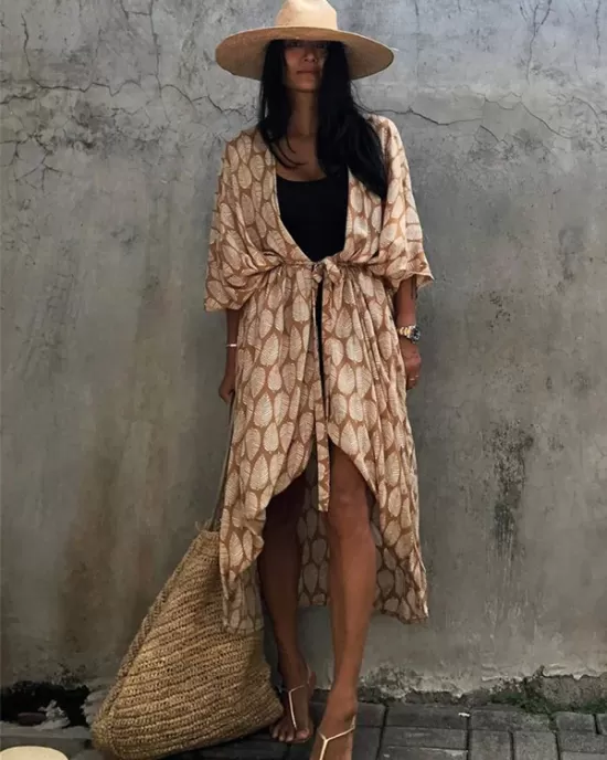 Leaves Printed Cardigan Half-Sleeves Cover-Up Swimwear