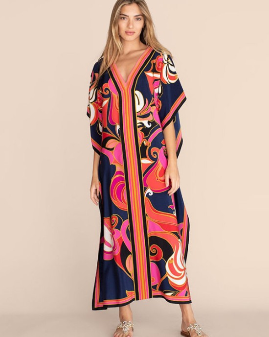 Short Sleeve Floral V-Neck Long Gown Cover-Up Swimwear