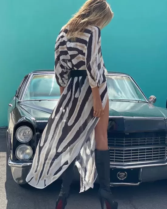 Sexy Zebra Pattern  Half Sleeve Wide Belt Cover-Ups Tops