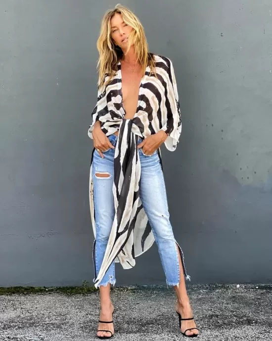 Sexy Zebra Pattern  Half Sleeve Wide Belt Cover-Ups Tops