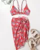 Three-Piece Floral Print Bandage Tie Side Bikini Swimwear