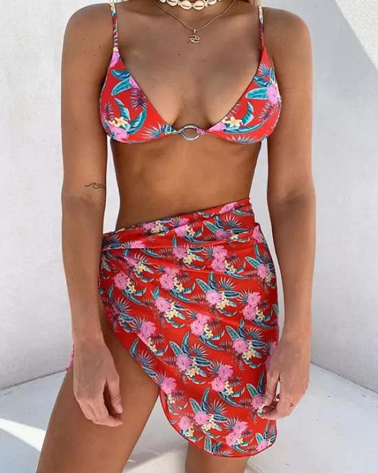 Three-Piece Floral Print Bandage Tie Side Bikini Swimwear