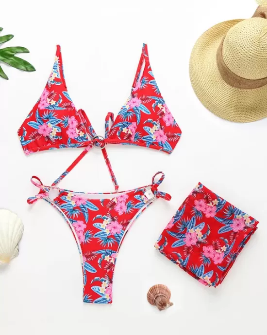 Three-Piece Floral Print Bandage Tie Side Bikini Swimwear