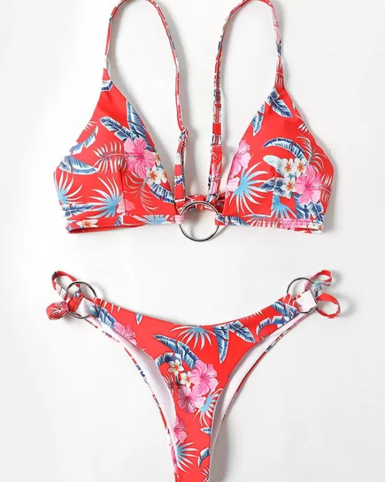 Three-Piece Floral Print Bandage Tie Side Bikini Swimwear