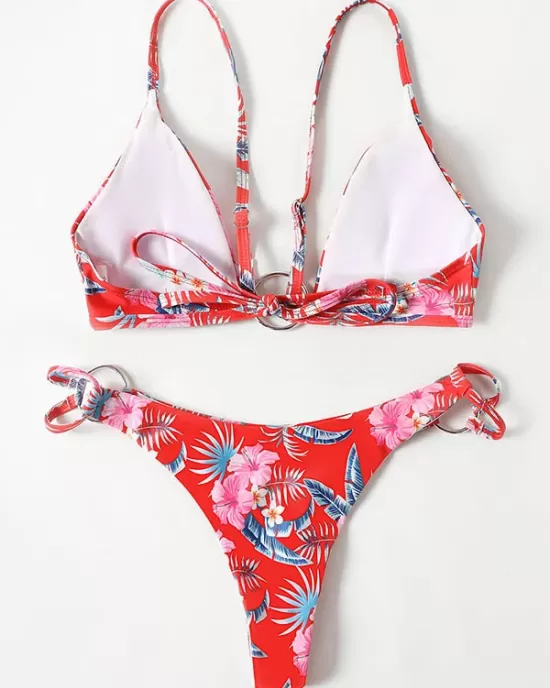 Three-Piece Floral Print Bandage Tie Side Bikini Swimwear