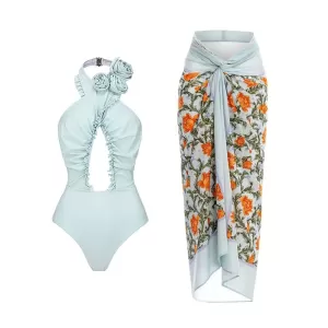 Backless Flower Print Flower Shape Hollow Cover-Ups&One-Piece Swimwear