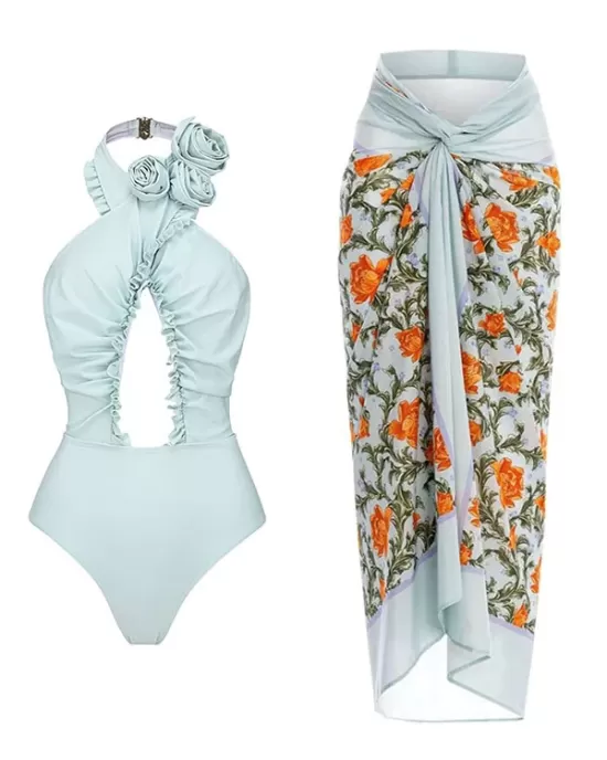 Backless Flower Print Flower Shape Hollow Cover-Ups&One-Piece Swimwear