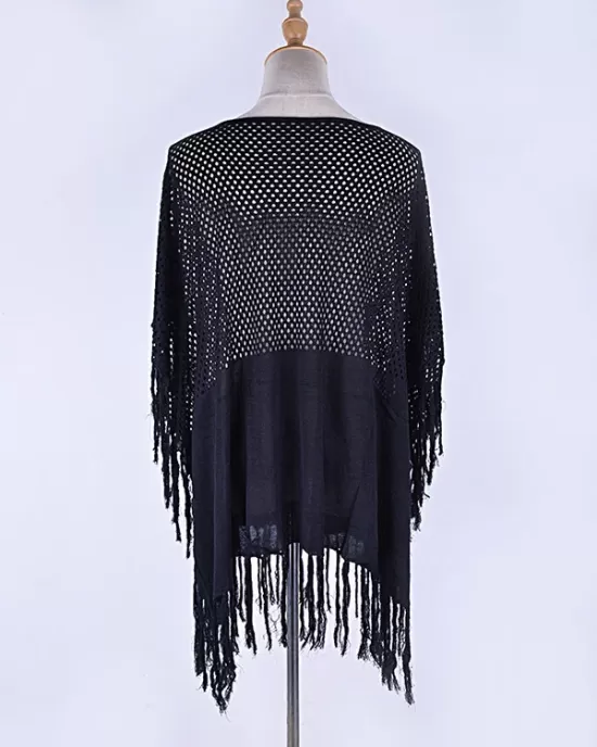 Solid Color Hollow Split-Joint Tasseled Crochetgo Bat Sleeve Cover-Ups Tops