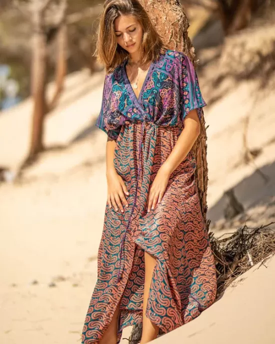 Short Sleeve Floral V-Neck Drawstring Midi Dress Cover-Up Swimwear