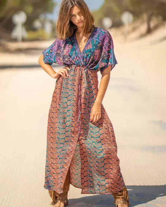 Short Sleeve Floral V-Neck Drawstring Midi Dress Cover-Up Swimwear