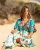 Short Sleeve Floral V-Neck Drawstring Midi Dress Cover-Up Swimwear