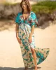 Short Sleeve Floral V-Neck Drawstring Midi Dress Cover-Up Swimwear