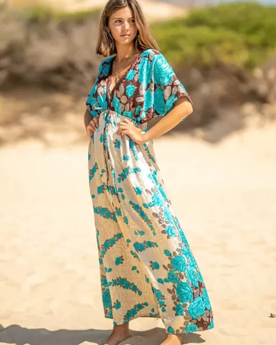 Short Sleeve Floral V-Neck Drawstring Midi Dress Cover-Up Swimwear