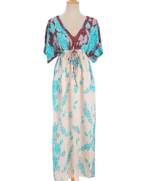 Short Sleeve Floral V-Neck Drawstring Midi Dress Cover-Up Swimwear