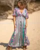 Short Sleeve Floral V-Neck Drawstring Midi Dress Cover-Up Swimwear