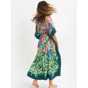 Half Sleeve V-Neck Loose Floral Split-Side Cover-Up Swimwear