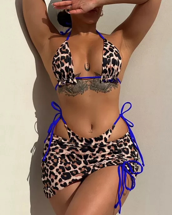 Three-Piece Suit Backless Bandage Leopard Halter-Neck Reversible Bikini Swimsuit Three-Piece Suit Backless Bandage Leopard Halter-Neck Reversible Bikini Swimsuit