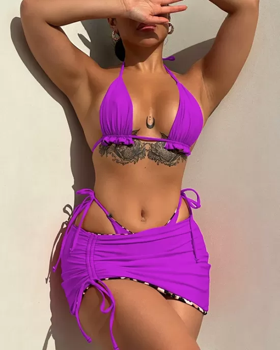 Three-Piece Suit Backless Bandage Leopard Halter-Neck Reversible Bikini Swimsuit Three-Piece Suit Backless Bandage Leopard Halter-Neck Reversible Bikini Swimsuit