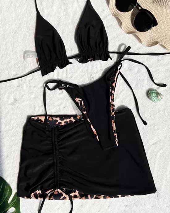 Three-Piece Suit Backless Bandage Leopard Halter-Neck Reversible Bikini Swimsuit