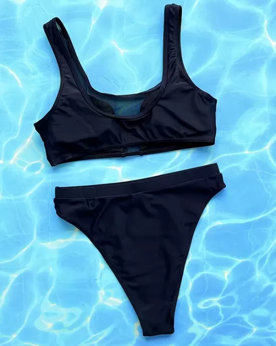 Padded Hollow Mesh Solid Color U-Neck Bikini Swimsuit