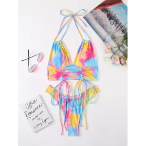Tie-Dyed Printed Multicolor Drawstring Bikini Swimsuit