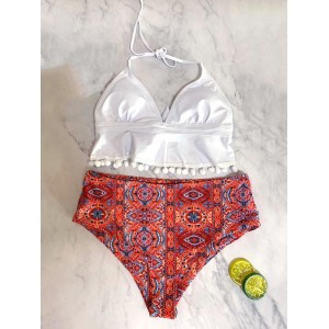 Tasseled Printed Split Bikini Swimsuit