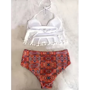 Tasseled Printed Split Bikini Swimsuit
