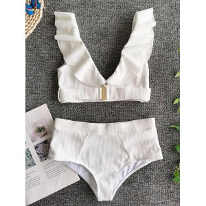 Solid Color Flared Sleeves Deep V-Neck Split Bikini Swimsuit