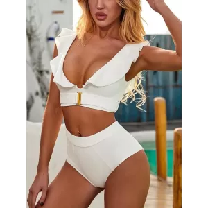 Solid Color Flared Sleeves Deep V-Neck Split Bikini Swimsuit