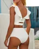 Solid Color Flared Sleeves Deep V-Neck Split Bikini Swimsuit