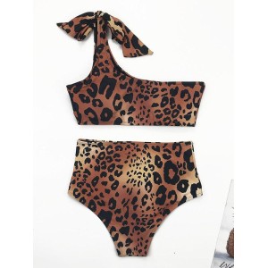 Asymmetric Bandage Leopard-Print Bikini Swimsuit