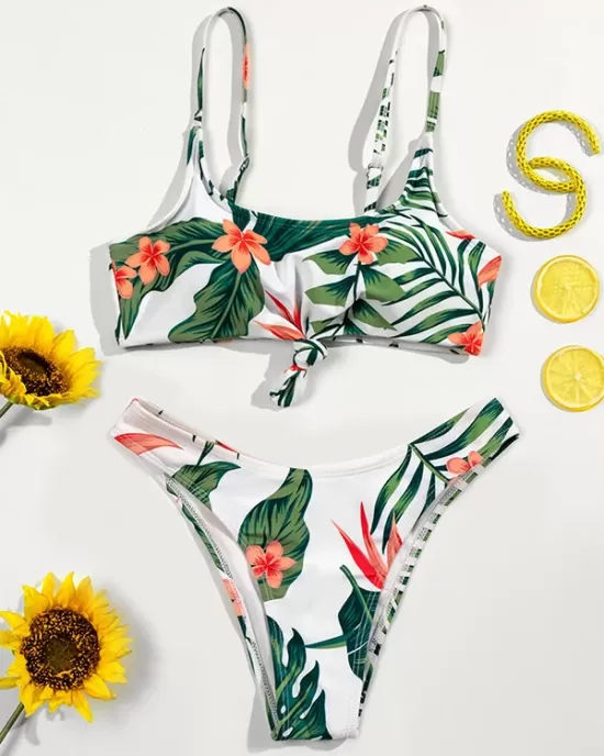 Spaghetti-Neck Floral Bralette Hipster Split Bikini Swimsuit