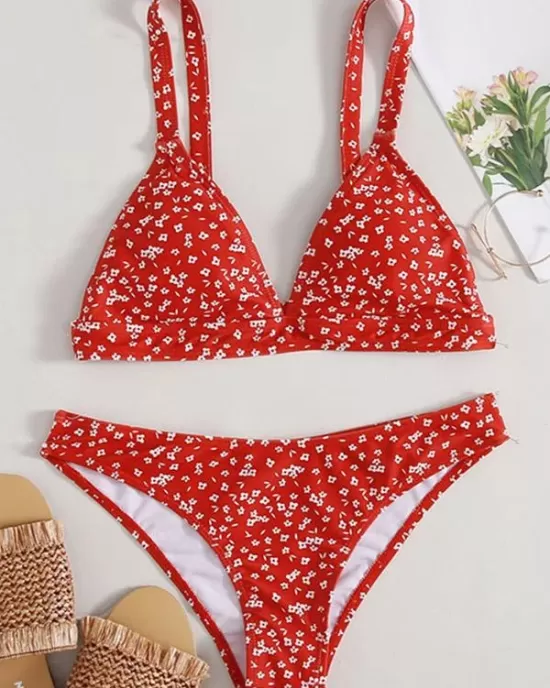 Floral-Print Triangles Backless Split Bikini Swimsuit