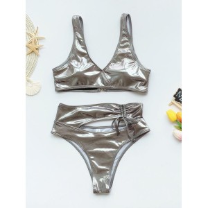 Wet Look Asymmetric Hollow Split Bikini Swimsuit