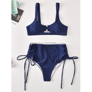 Solid Color Bandage Embellished Split Bikini Swimsuit