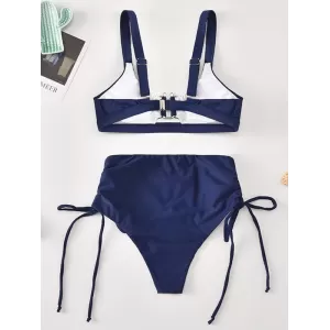 Solid Color Bandage Embellished Split Bikini Swimsuit